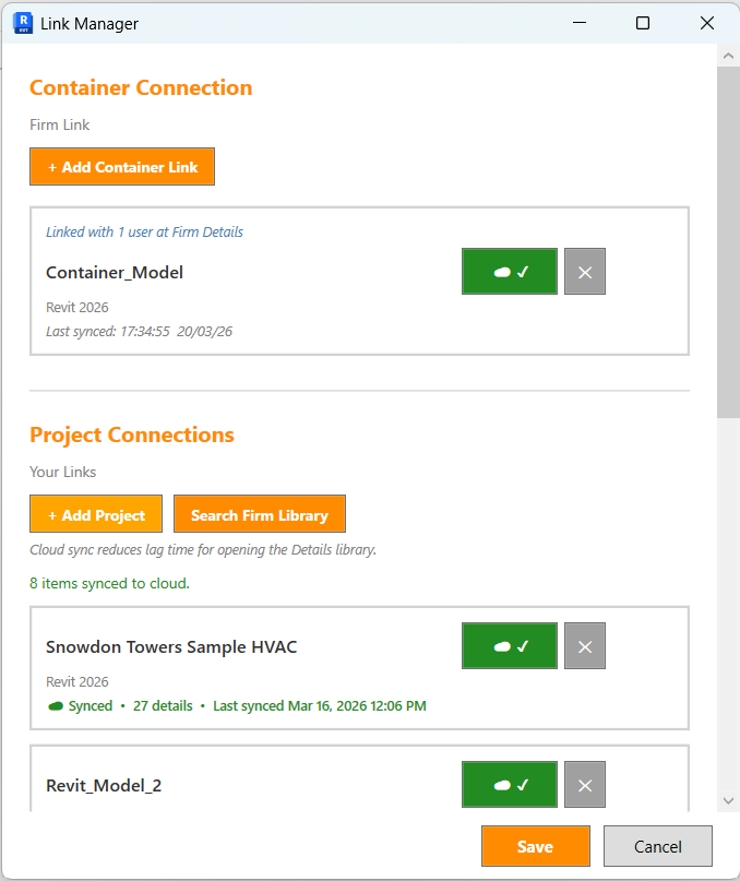 Details Link Manager showing project connections